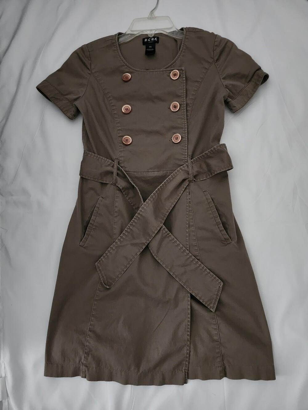 BCBG Short-Sleeve Double-Breasted Belted Dress in Olive Brown